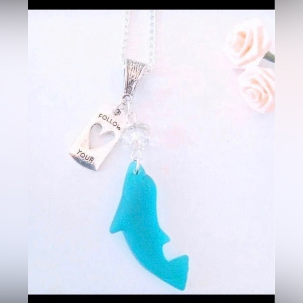 Hand Crafted Turquoise Dolphin Pendant Necklace with 'Follow Your' Tag